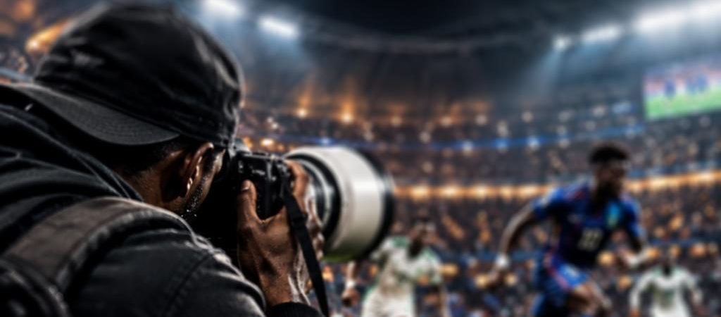 Photographe de sport en bord de terrain, téléobjectif pointé vers un joueur en pleine course