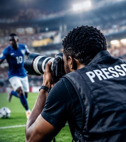 Photographe portant un gilet PRESSE, appareil à l'œil, au bord d'un match
